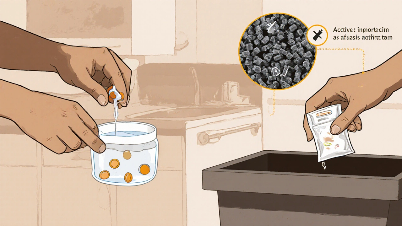 Deactivation pouch neutralizing pills with water, sealed and thrown in trash