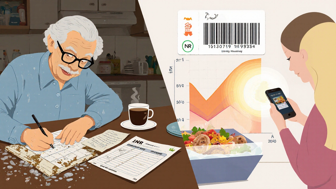 Elderly person with a soggy paper food diary next to a younger person using a digital app for warfarin dietary tracking.