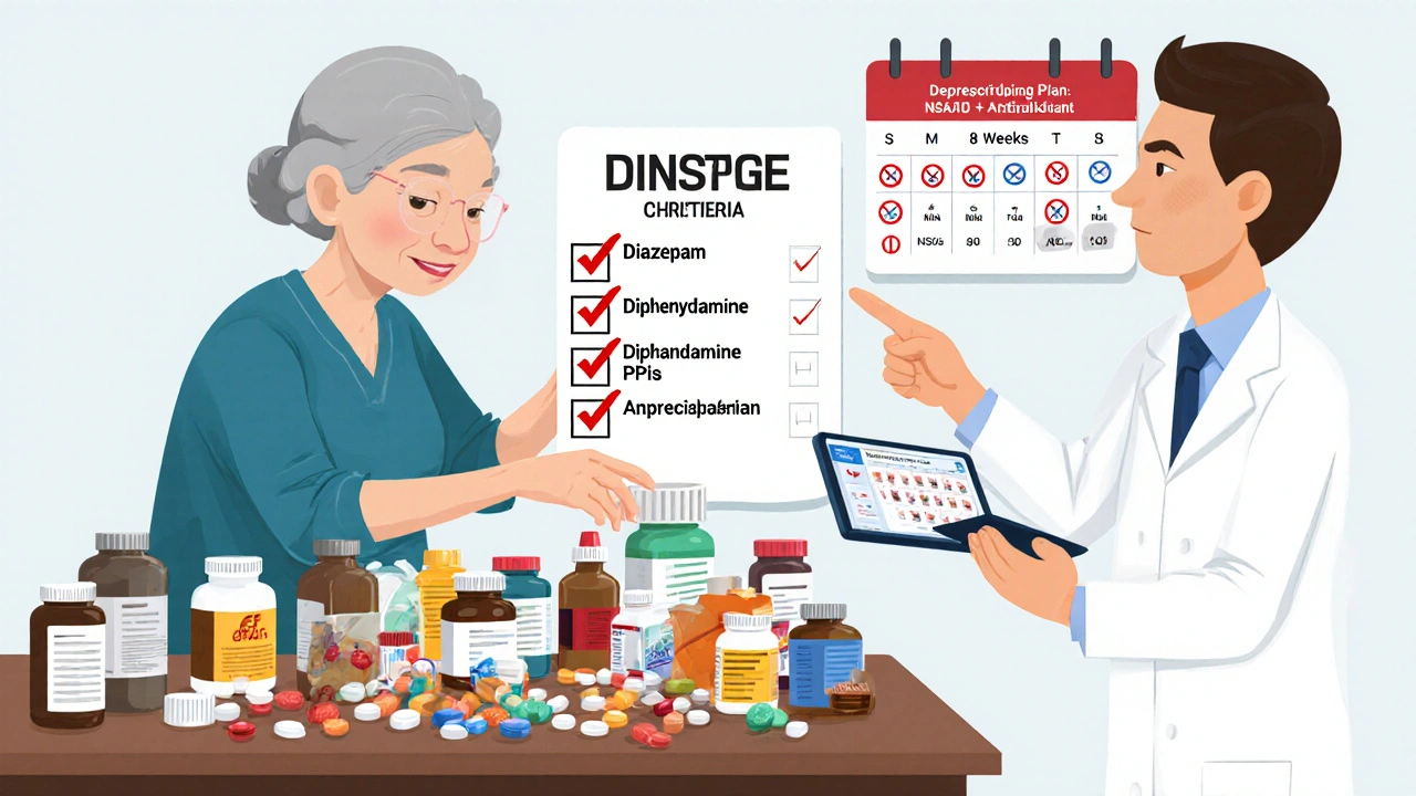 Elderly woman reviewing medications with doctor, highlighting dangerous drugs flagged by Beers Criteria and AI alert.