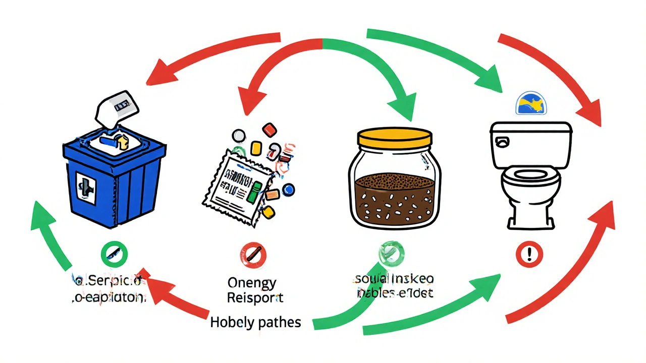 Four opioid disposal methods shown in a clear side-by-side illustrated flowchart
