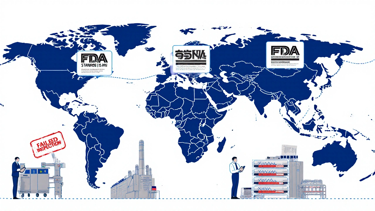 Global generic drug manufacturing facilities with FDA inspection icons and rejected batches.