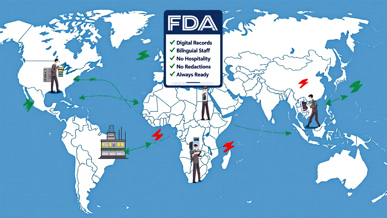 Global map showing food exports to U.S. with FDA inspectors at factories, checklist icons showing compliance requirements.