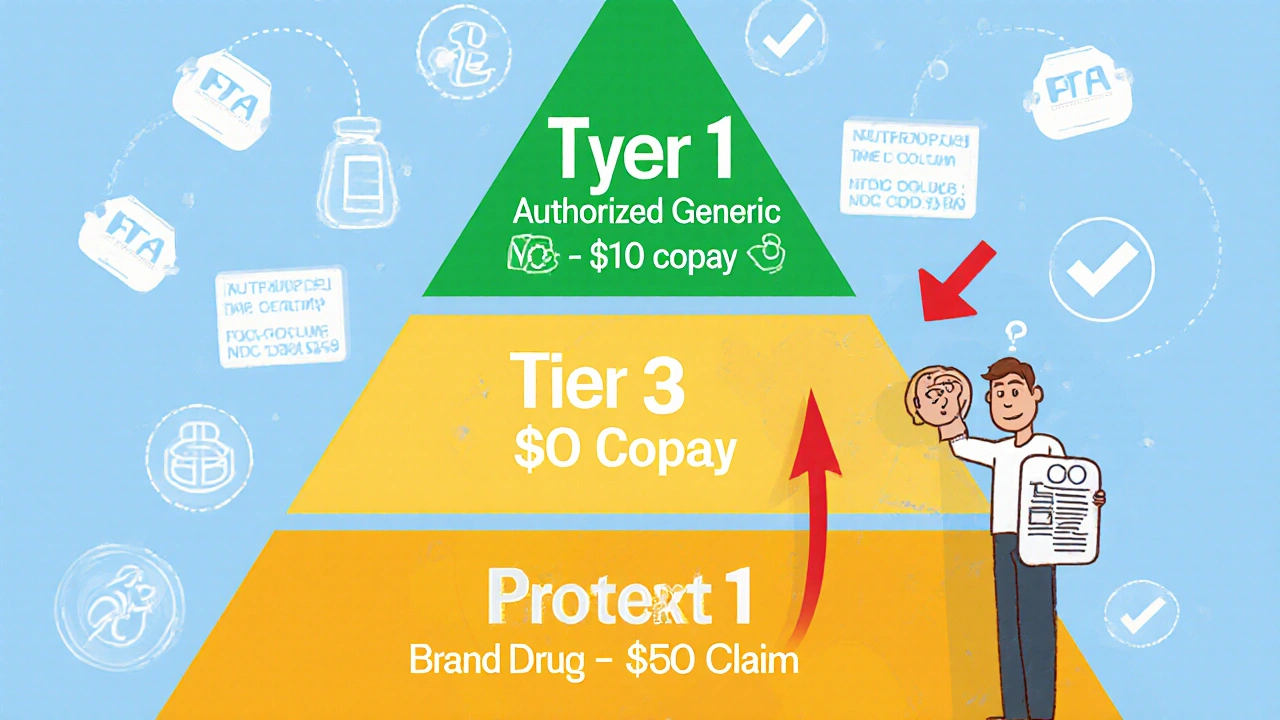Insurance formulary tiers showing lower cost for authorized generics compared to brand drugs.
