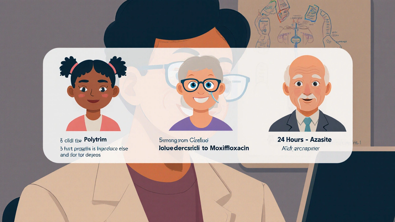 Patient and doctor discussing treatment options with visual overlays showing different eye drop scenarios.