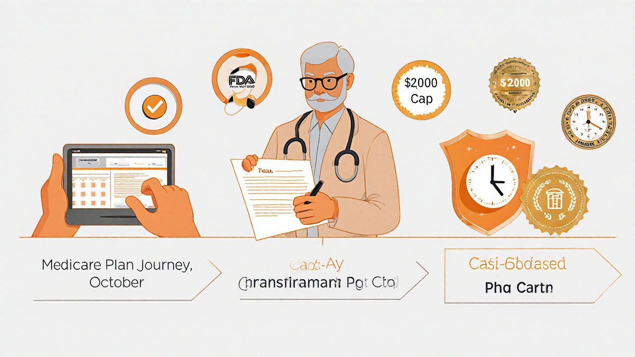 Patient’s journey through formulary changes: checking plans, requesting exceptions, and receiving transitional supply with protected drug icons.
