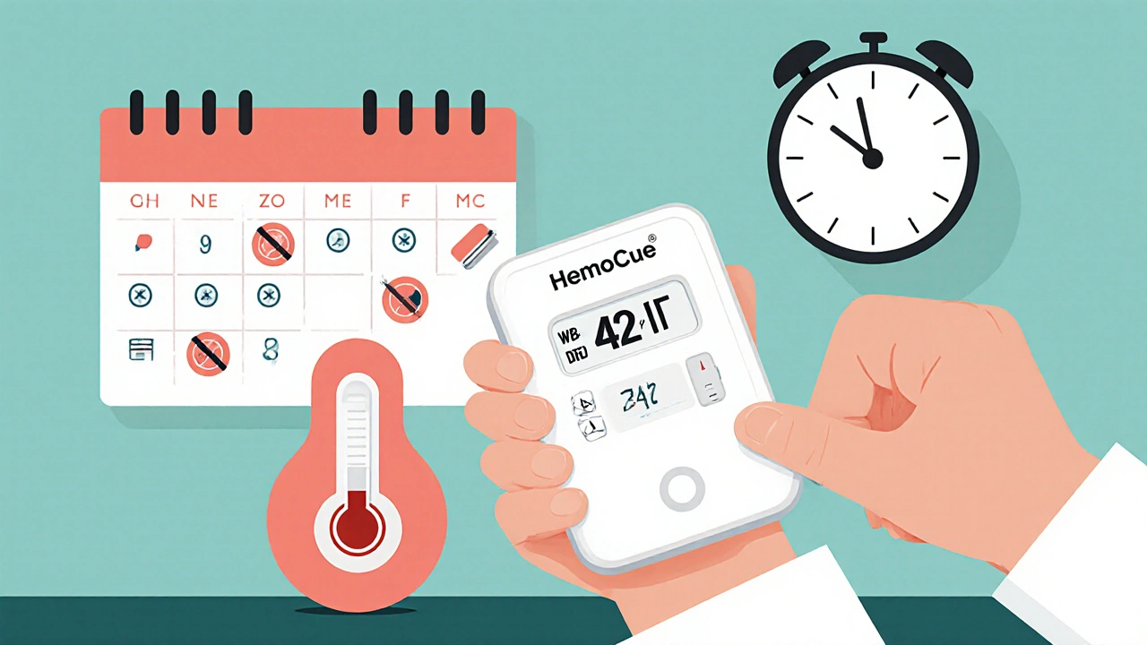 Patient using portable device to check low neutrophil count with fever warning