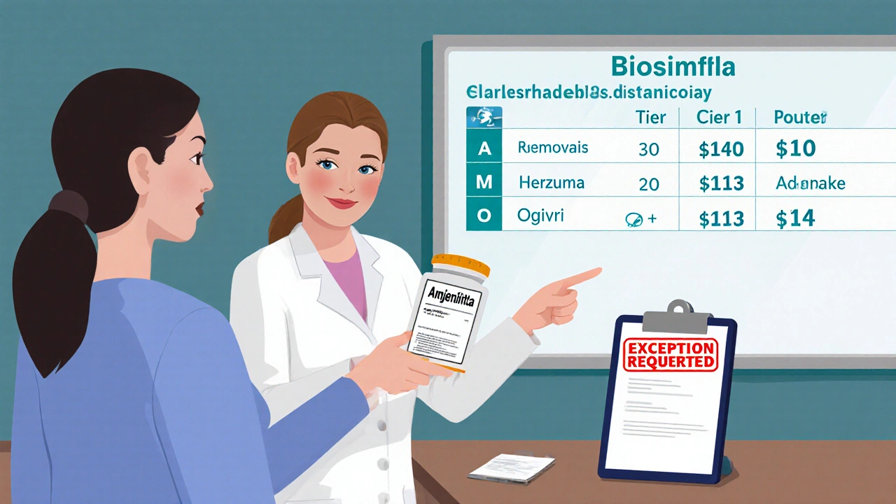Pharmacist giving a biosimilar prescription while showing drug tier costs on a wall chart, with removals and additions displayed digitally.