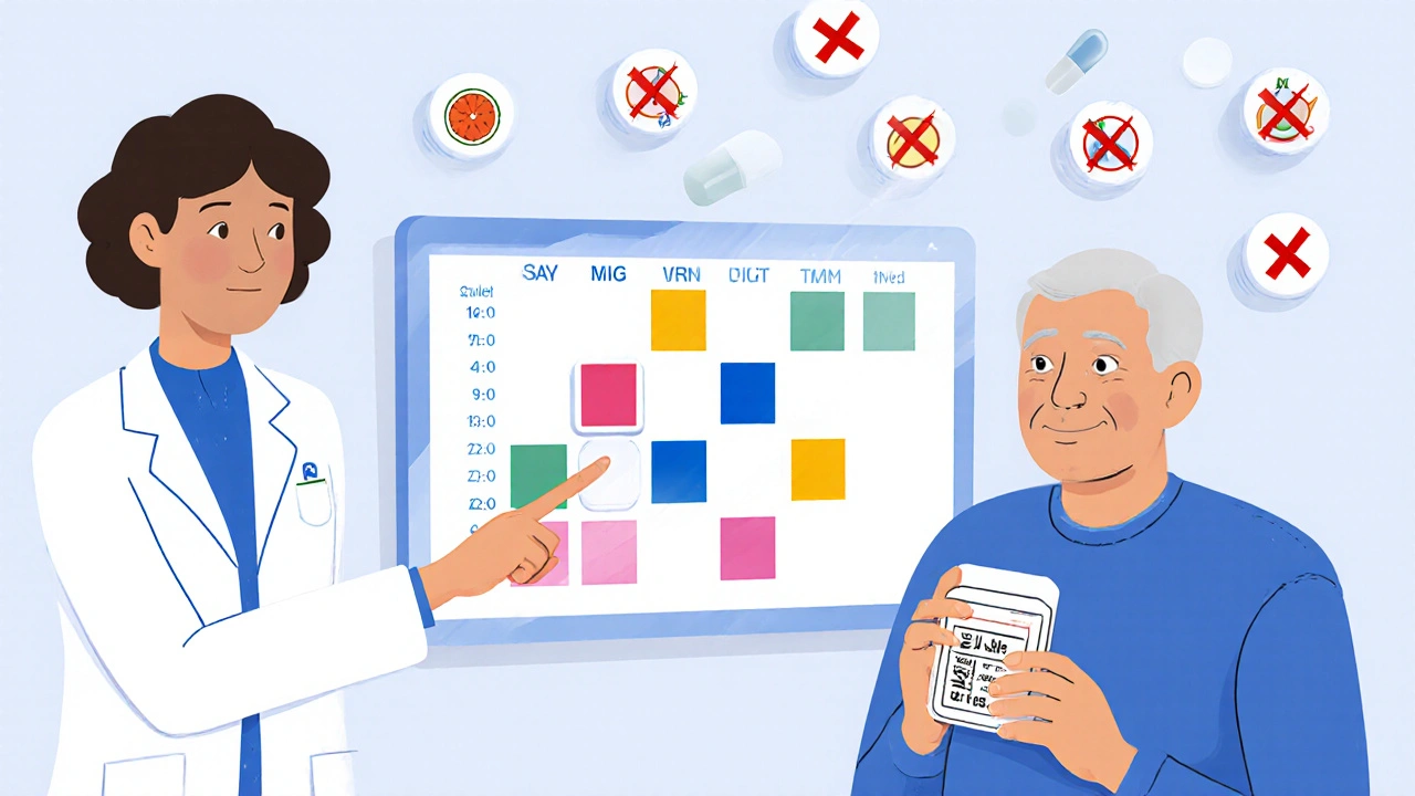 Pharmacist guiding a patient using a labeled pill box with a digital medication schedule.