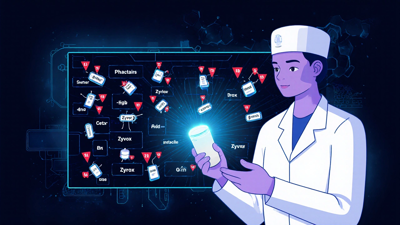 Pharmacist holding a pill with a glowing stem, while AI scans drug names on a digital screen with red flags for similar names.