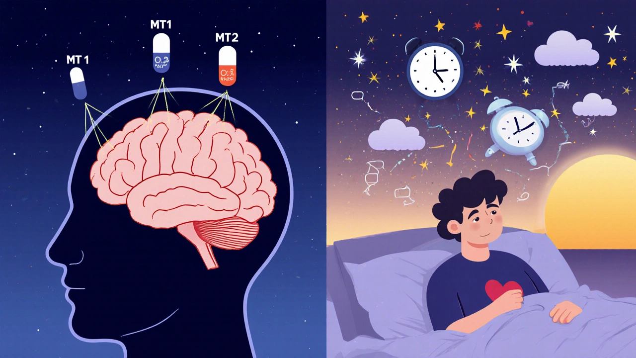 Side-by-side cartoon comparison: small melatonin dose calms the brain, large dose causes chaos with vivid dreams and morning grogginess.