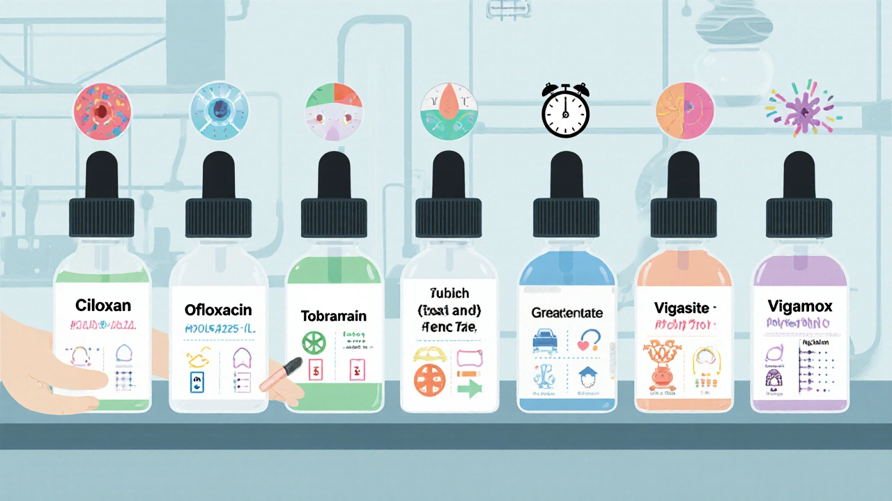 Side-by-side comparison of six antibiotic eye drops with icons for cost, dosing, and bacterial targets.
