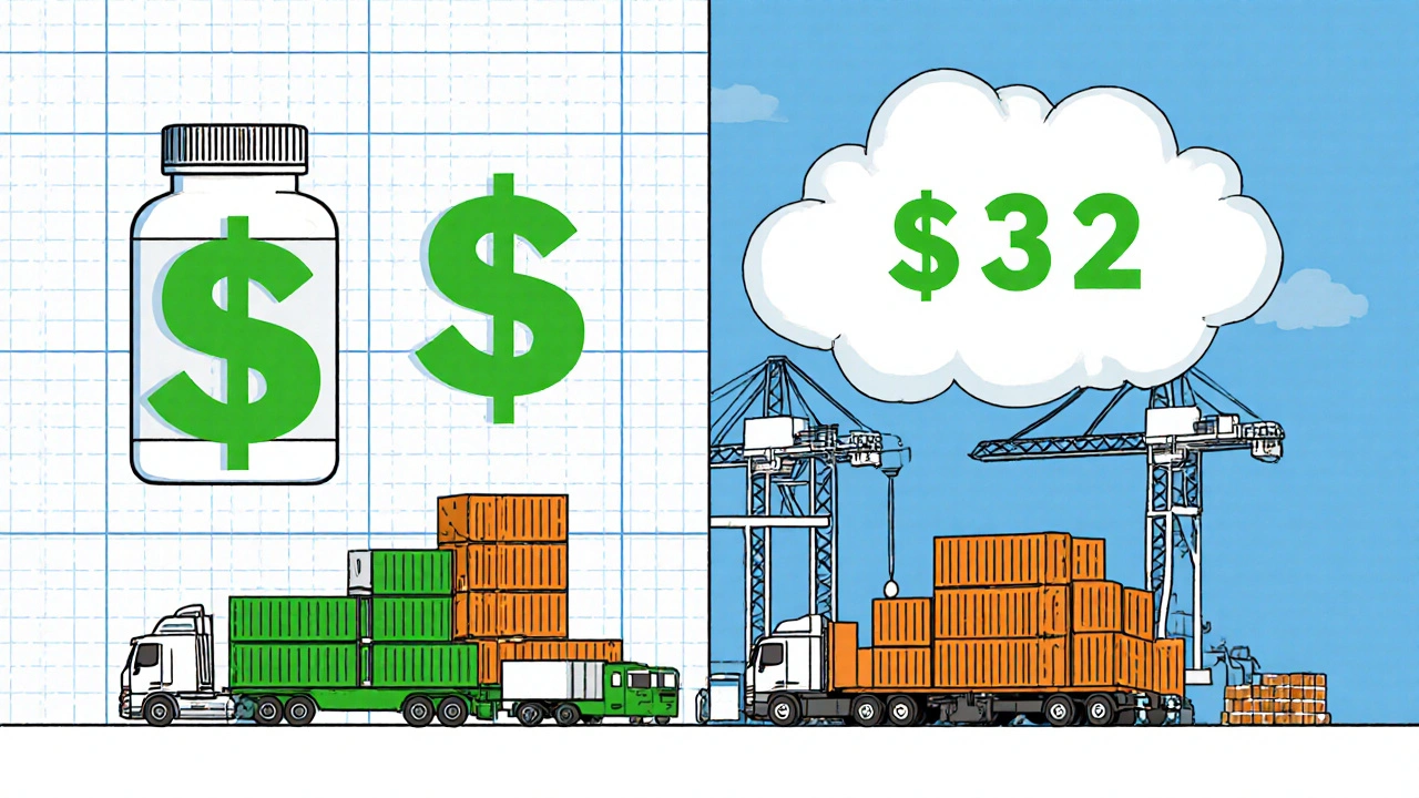 Split-panel illustration comparing  profit on branded drugs vs  on generics with stacked pills and logistics icons.