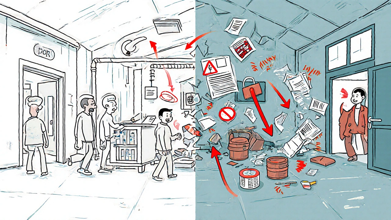 Split-screen: compliant U.S. facility vs. foreign facility caught preparing for fake inspection, violations highlighted.