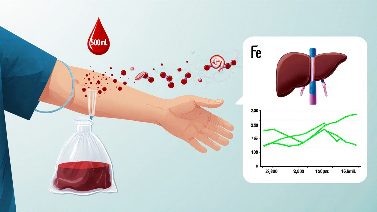 Therapeutic phlebotomy session removing excess iron from bloodstream with ferritin levels declining