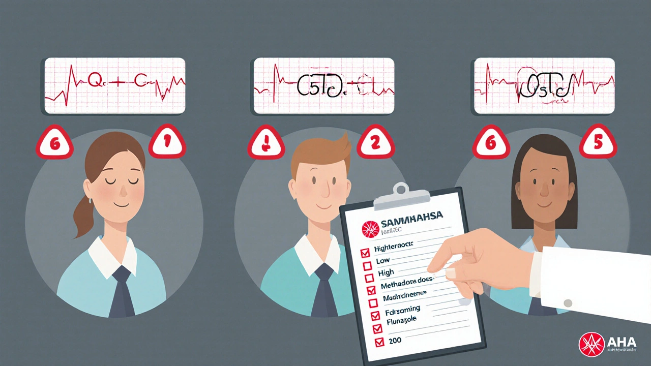 Three patients with risk-level ECG readouts in a clinic, one with high-risk indicators