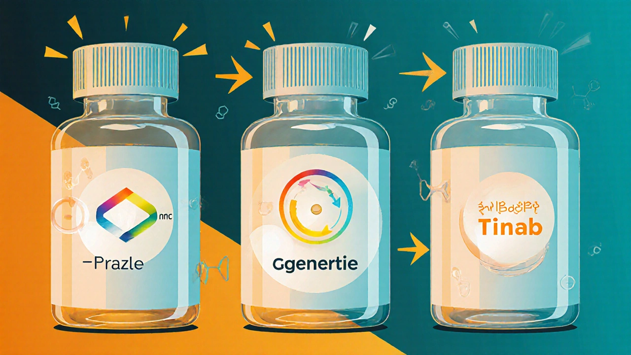 Three pill bottles labeled with chemical, generic, and brand names, with color-coded therapeutic stems glowing on the generic label.