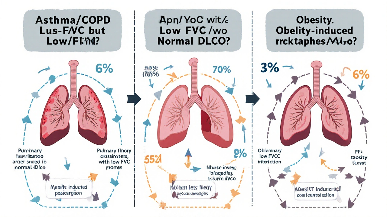 Three side-by-side lung condition diagrams comparing spirometry and DLCO results.