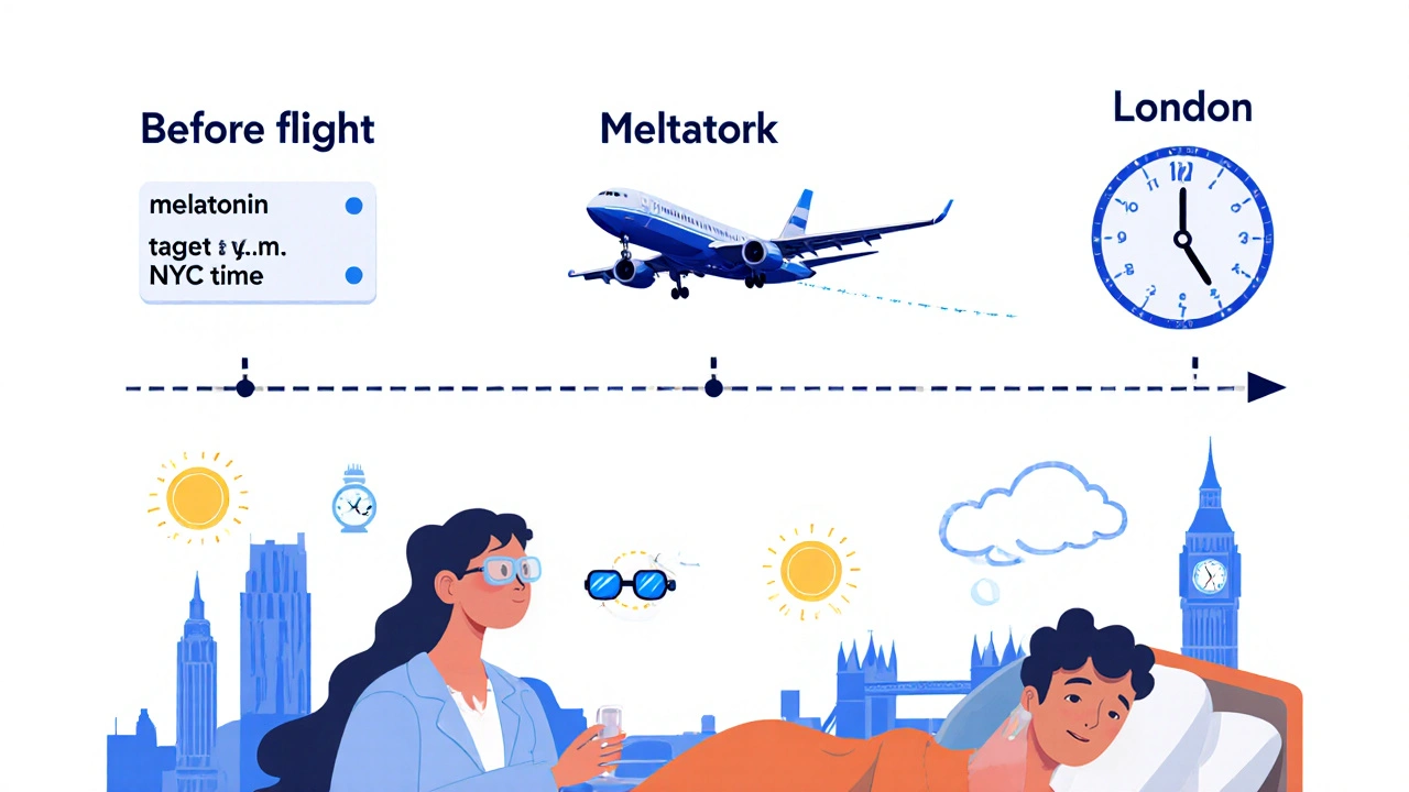 Traveler using melatonin for jet lag with timeline showing correct timing before and after eastbound flight, with blocked blue light.