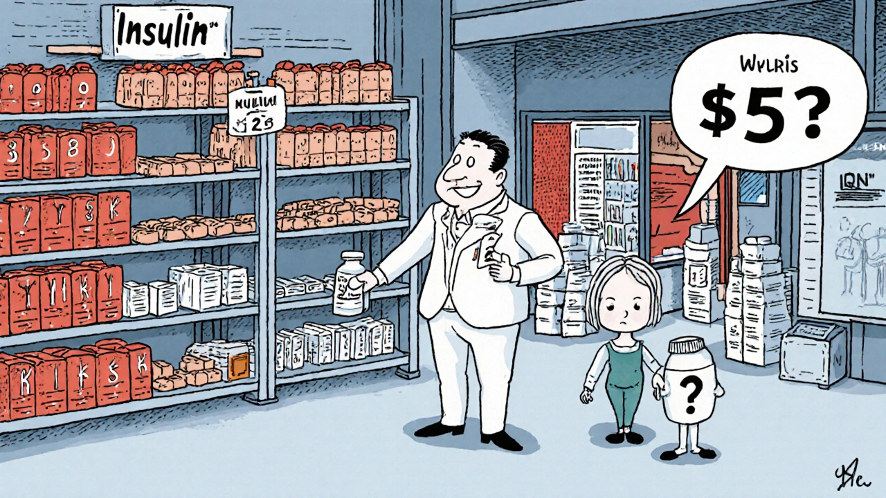 Warehouse with empty insulin shelf, wholesaler raising price tag, anxious pharmacies, and patient holding generic pill.