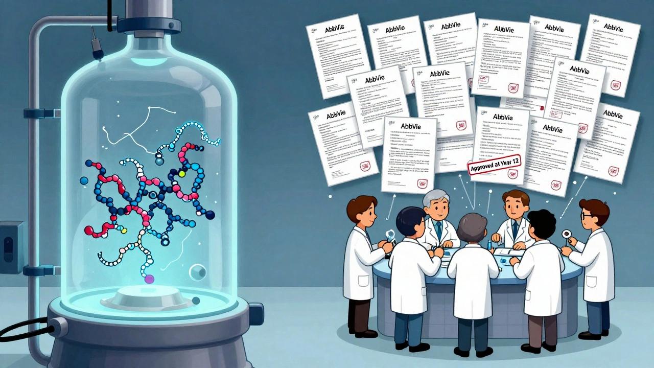 A complex biologic drug is being copied by scientists, but blocked by hundreds of patent documents.
