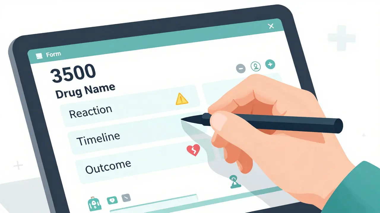 A hand completing the FDA Form 3500 with key fields highlighted and reaction icons nearby.