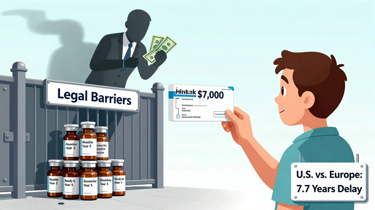 A patient faces high drug costs while biosimilars remain locked away due to legal delays.