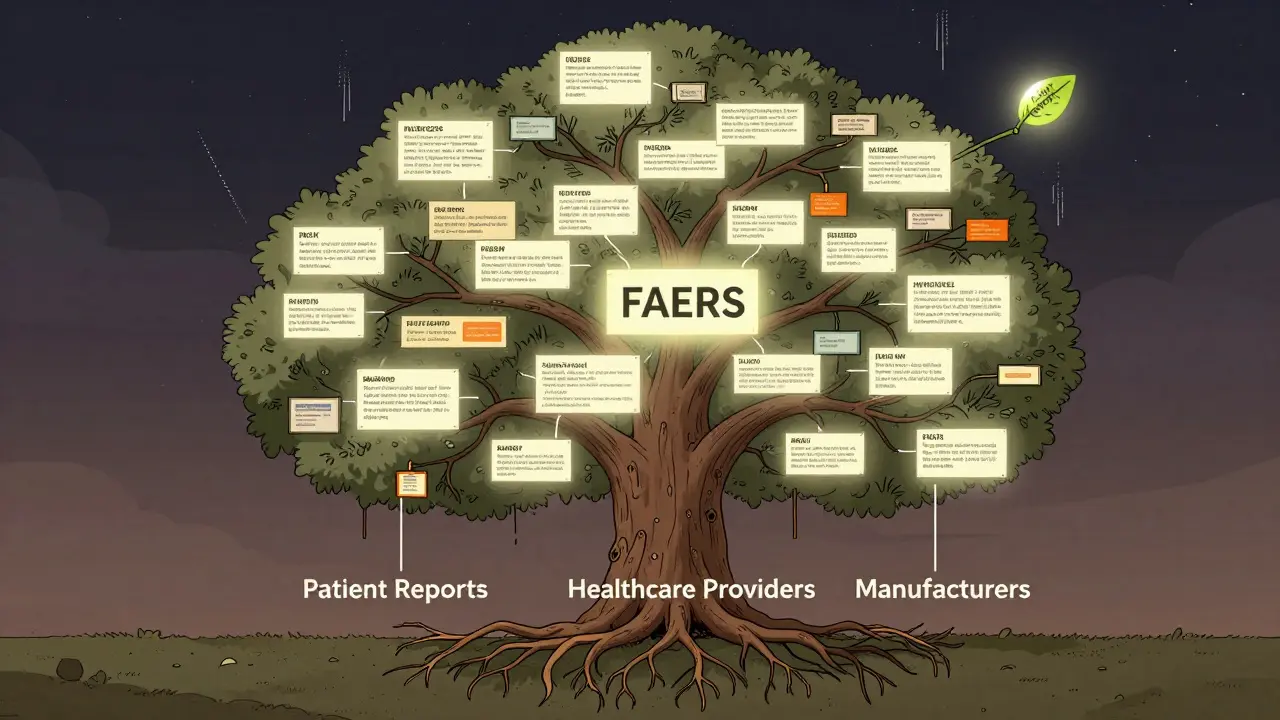A tree-shaped FDA safety database with individual reports growing as glowing leaves.