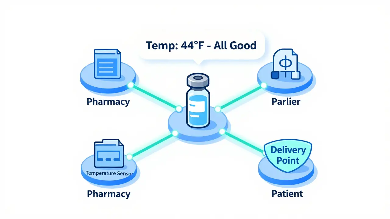 Blockchain tracking network showing secure journey of medication from pharmacy to patient.