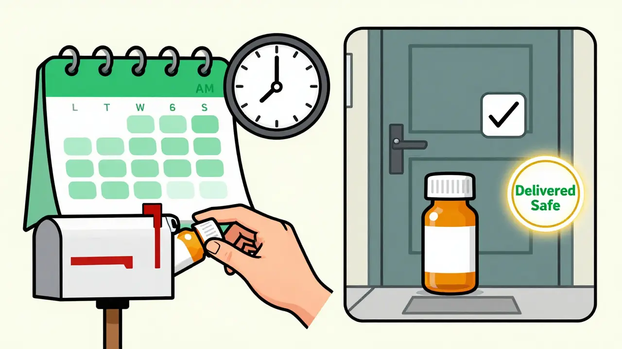 Calendar and clock reminding to reorder meds two weeks before running out, with delivery confirmation.