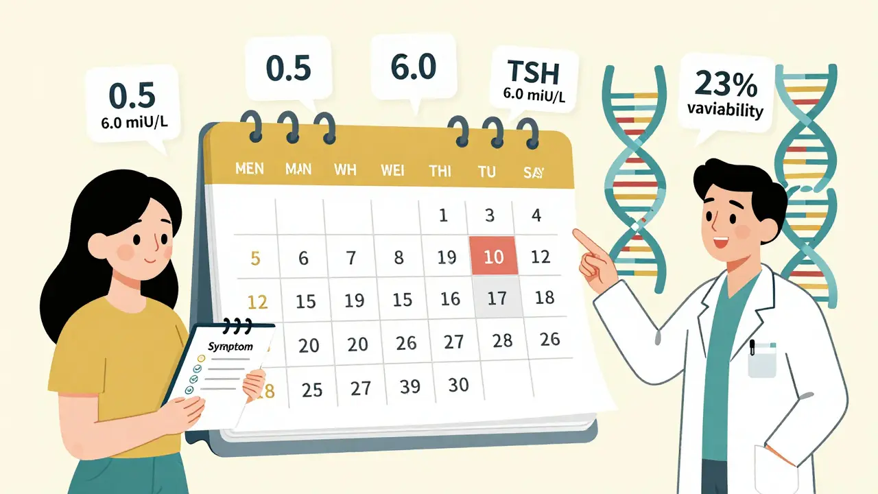 Calendar with blood test dates and symptom journal, alongside genetic and TSH data for personalized care.