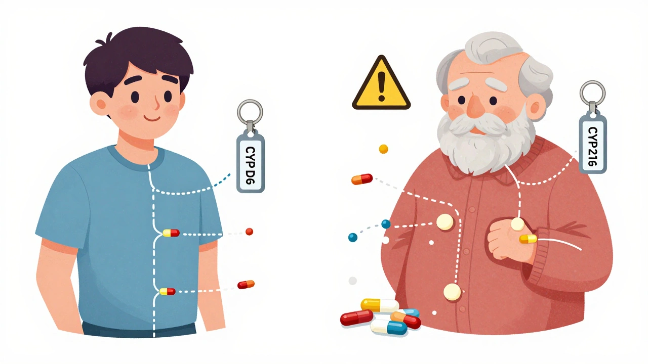 Comparison of young and elderly patient drug metabolism with genetic markers and polypharmacy symbols.