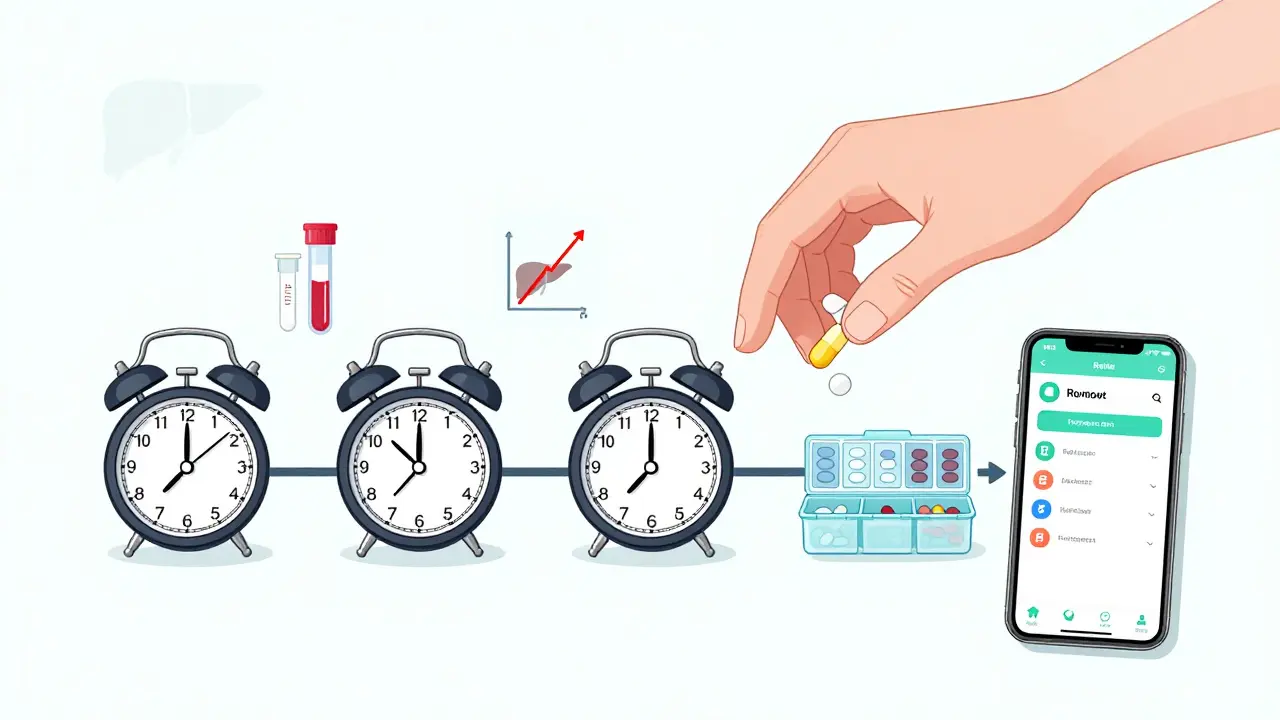 Daily medication routine shown with pill organizer, alarms, and blood tests, highlighting adherence to prevent rejection.