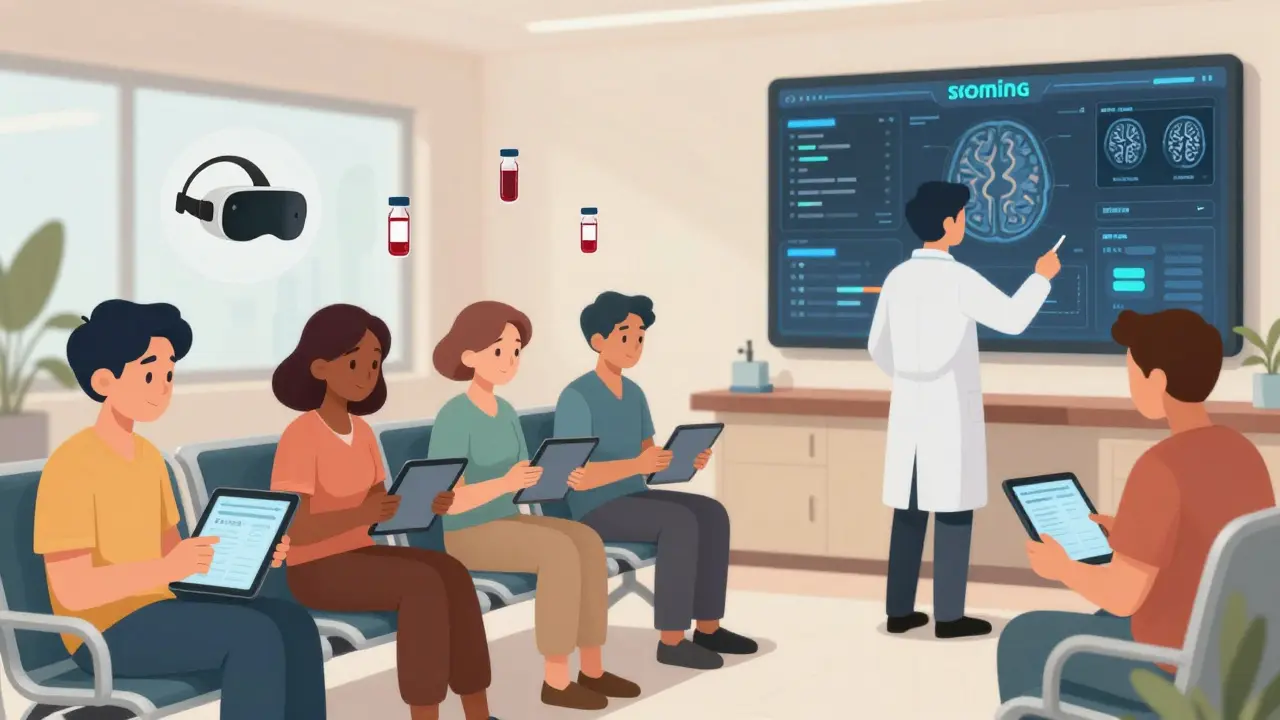Diverse patients taking digital cognitive screenings in a clinic, with a doctor monitoring longitudinal brain health data on a dashboard.