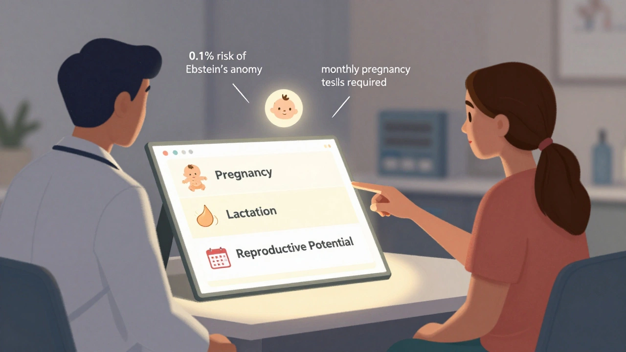 Doctor and patient reviewing a medication label with three clear PLLR sections: Pregnancy, Lactation, Reproductive Potential.