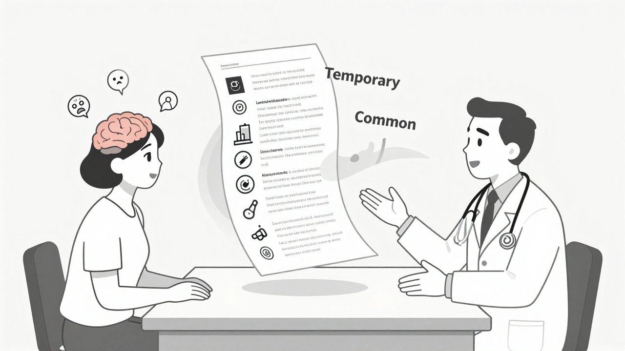 Doctor and patient with a dissolving warning leaflet, positive affirmations rising from the patient&#039;s brain.