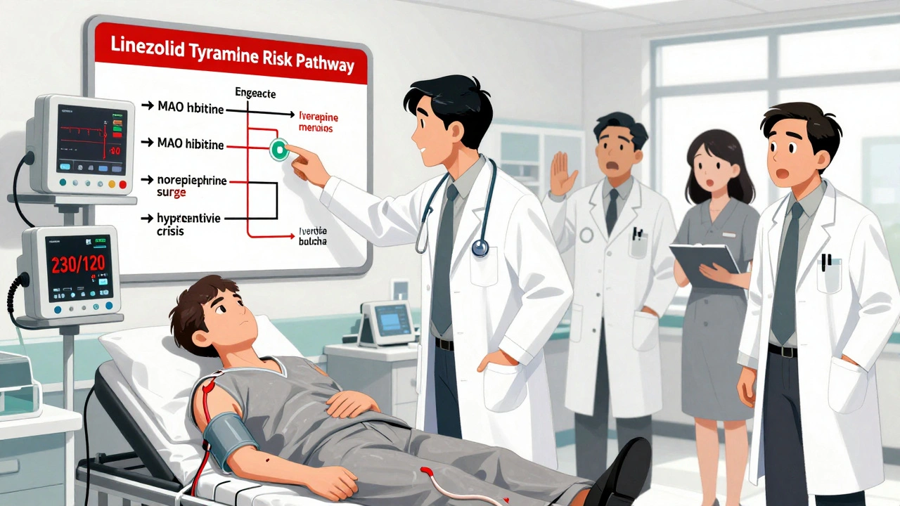 Emergency room patient with critically high blood pressure, surrounded by a flowchart of tyramine-induced hypertensive crisis.
