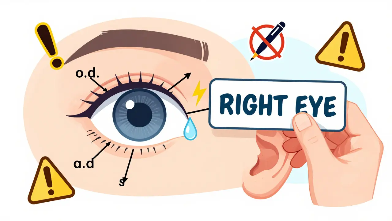 Eye and ear with Latin abbreviations labeled, one drop going to the wrong eye, corrected by a pharmacist.