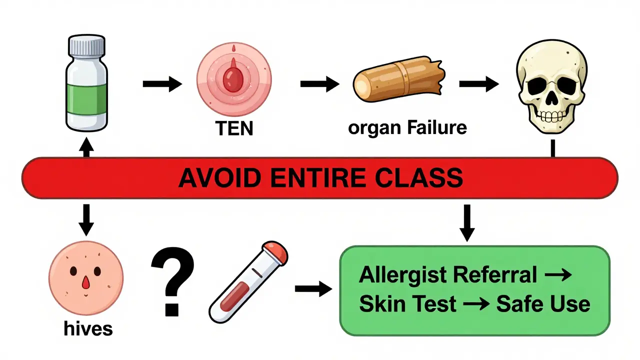 Flowchart showing severe drug reaction leading to avoidance versus mild reaction leading to allergist testing.