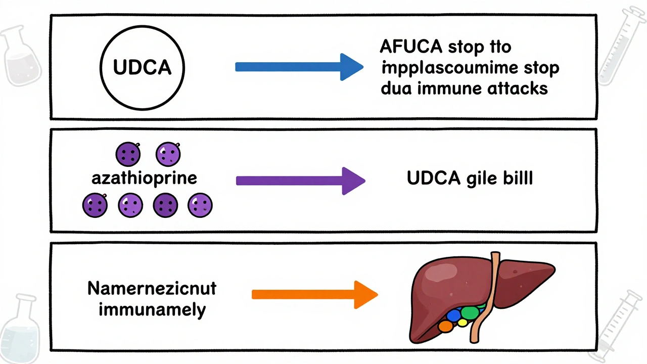 Flowchart-style illustration showing how combination therapy with UDCA and azathioprine stops dual autoimmune attacks on the liver.