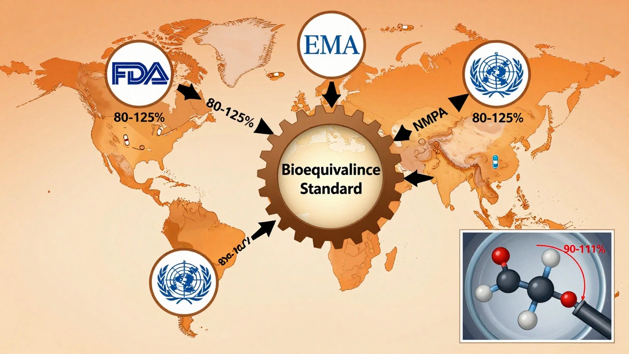 Global map with regulatory agencies connected by arrows labeled with the 80-125% bioequivalence range.