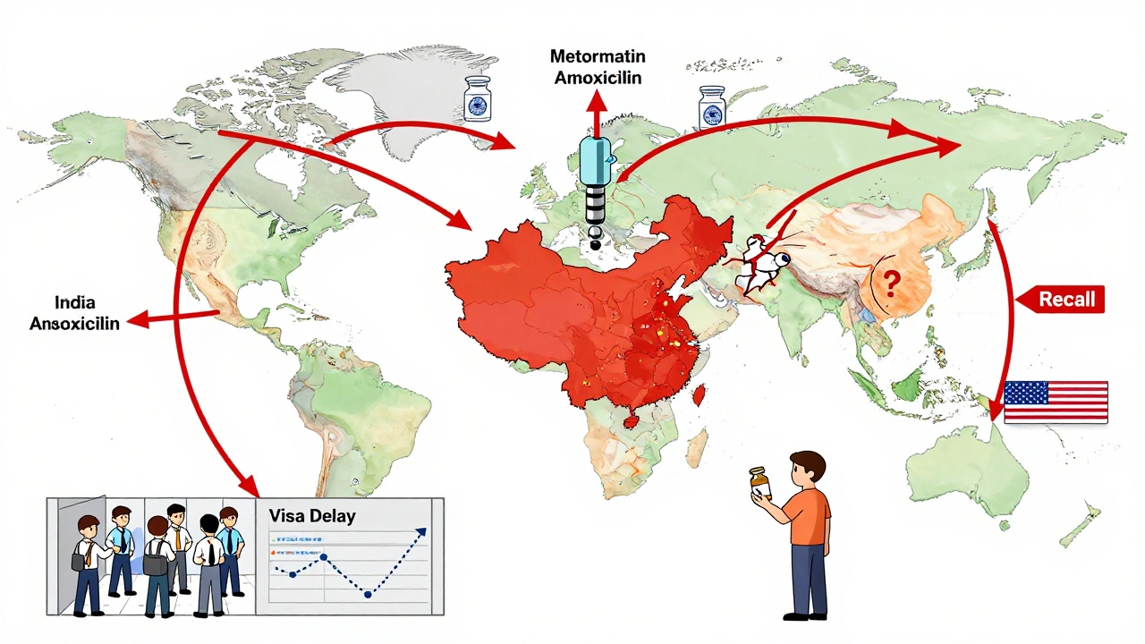 Global supply chain diagram showing Chinese APIs flowing to India and the U.S. with a broken link.