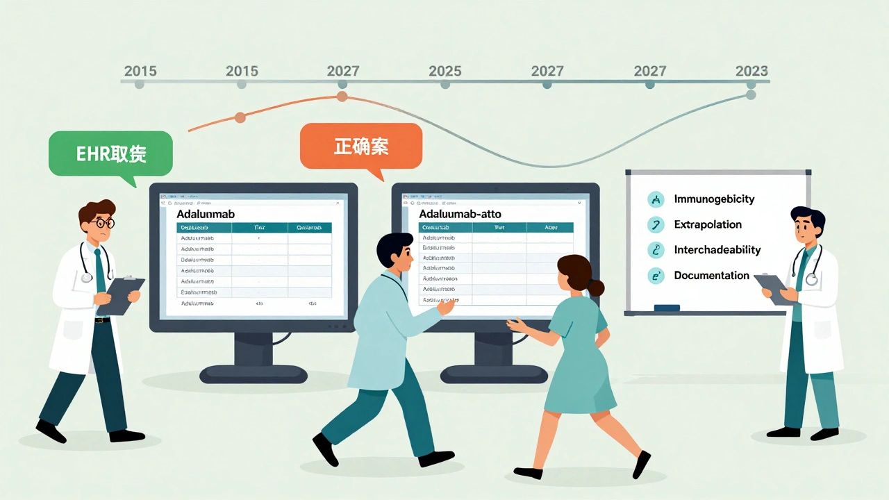 Hospital staff struggling with EHR biosimilar coding while pharmacist leads education session on key concepts.