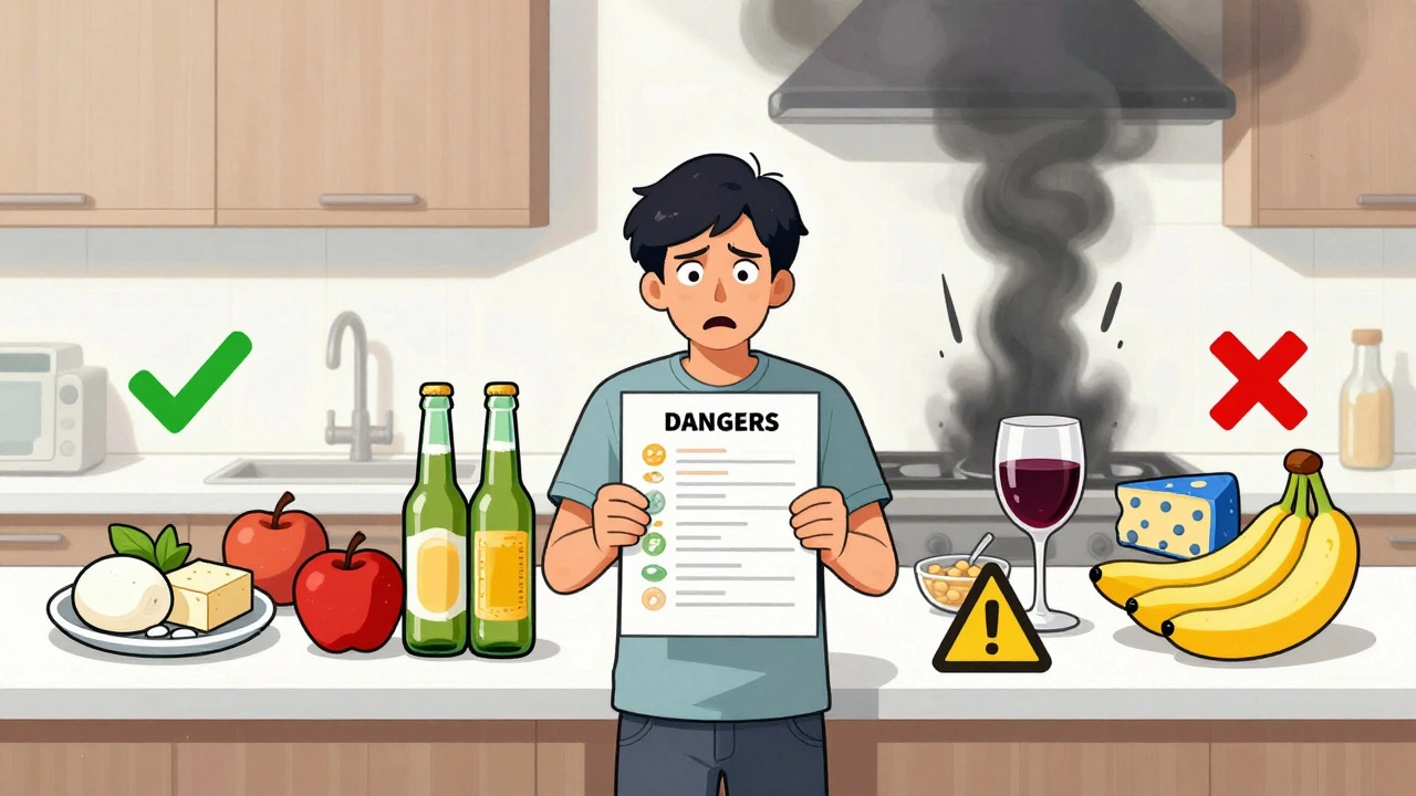Kitchen counter split between safe and dangerous foods for linezolid users, with green checks and red Xs.