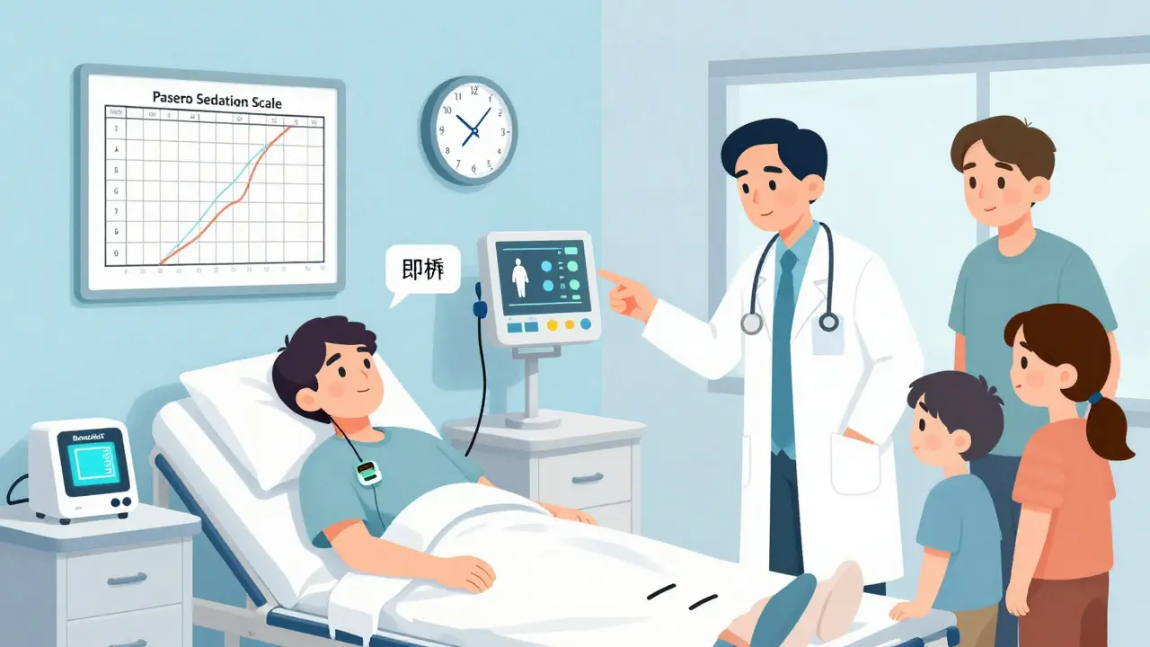 Patient being monitored for ataxia in recovery room, pulse oximeter on finger, BenzAlert device on table, clock showing 24 hours.