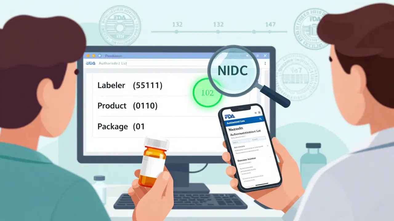 Patient checking FDA authorized generic list on phone while pharmacist verifies NDC code on computer.