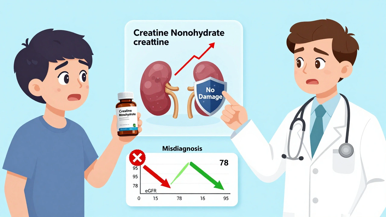 Patient explaining creatine use to doctor, with internal biochemistry overlay showing no kidney damage despite lab spike.