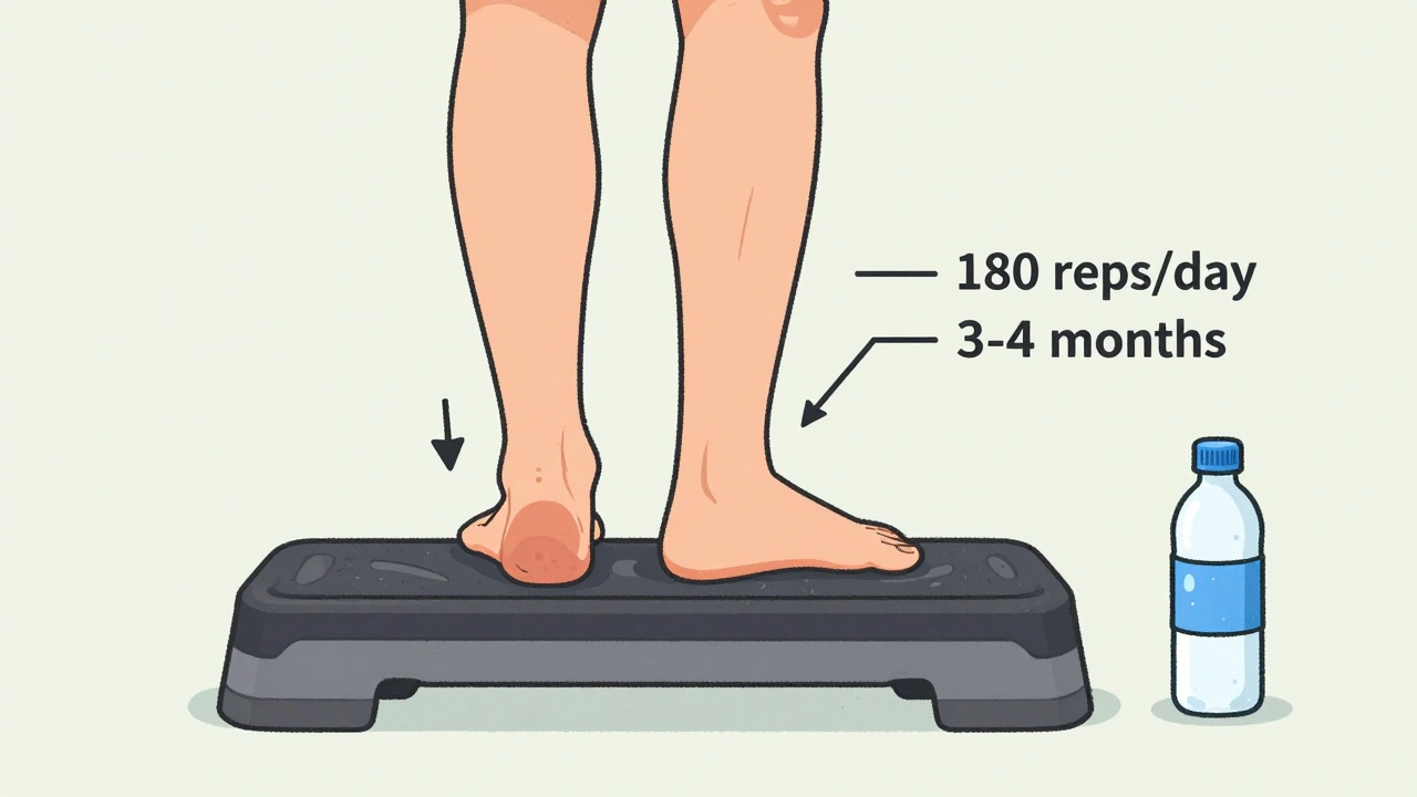 Person doing eccentric heel drops for Achilles tendinitis with ice bottle