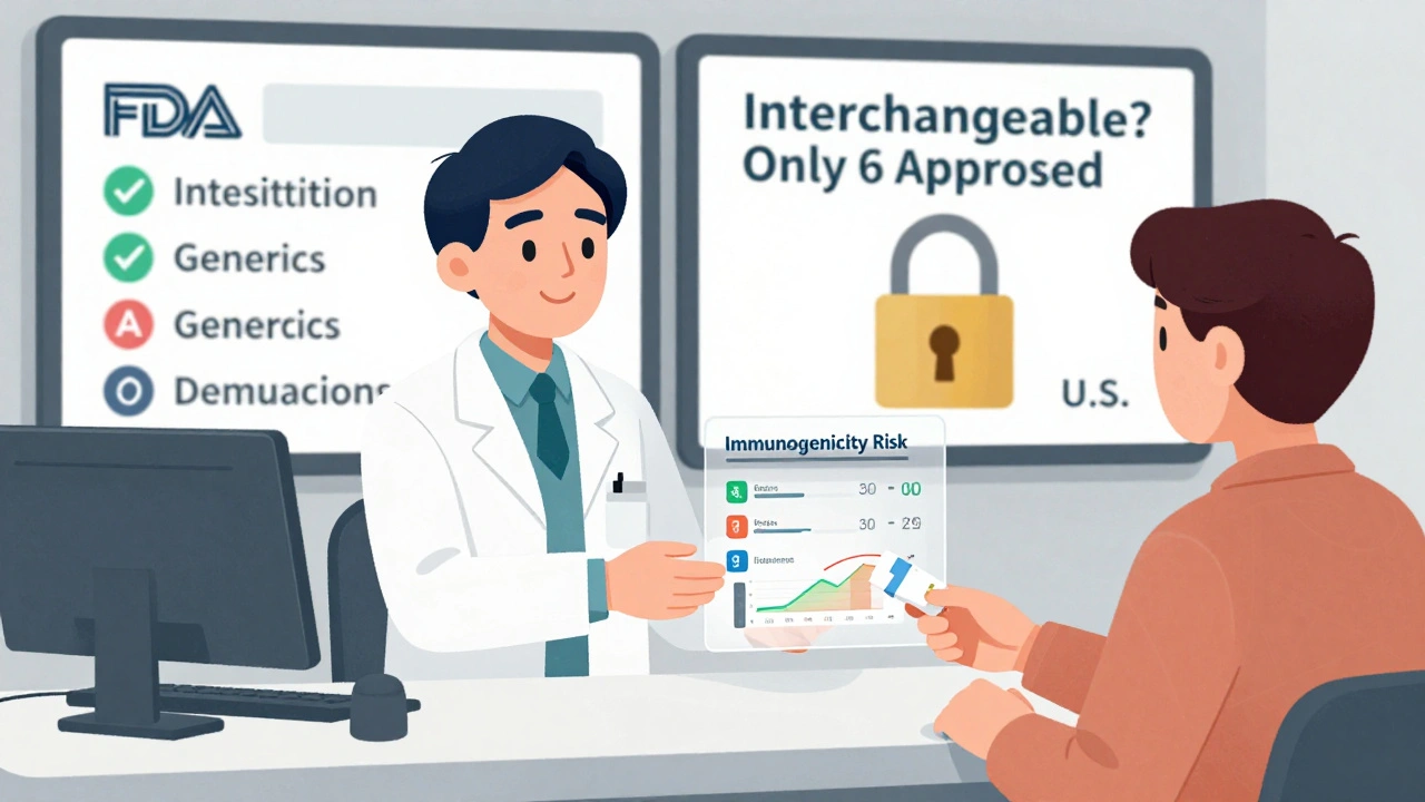 Pharmacist giving biosimilar to patient with FDA approval data and interchangeability status overlay.