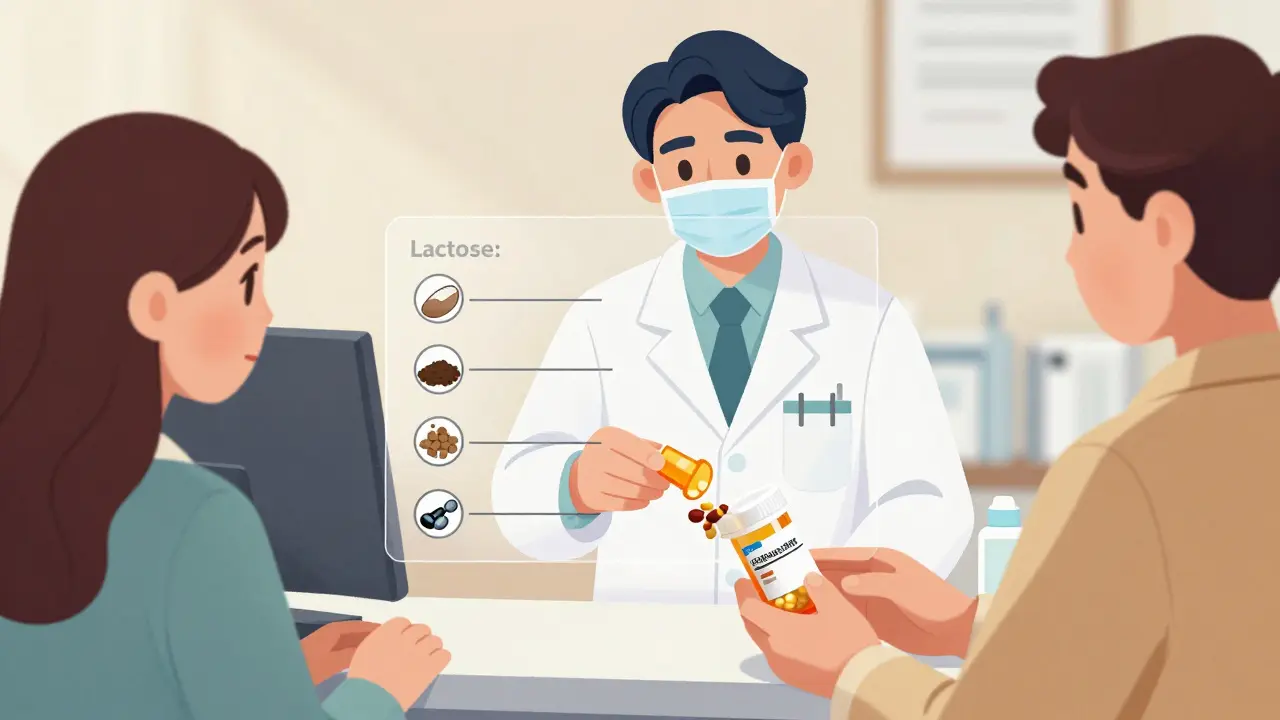 Pharmacist handing a pill bottle with transparent cross-section showing identical ingredients to brand-name drug.