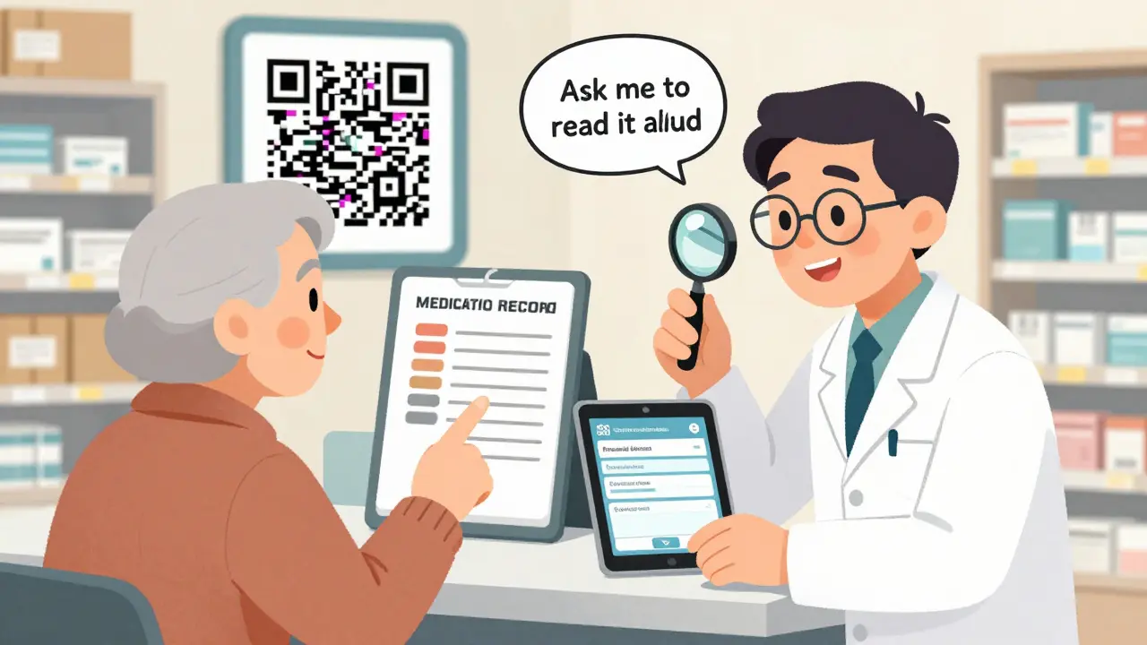 Senior patient and pharmacist reviewing large-print label at pharmacy counter with accessibility tools.